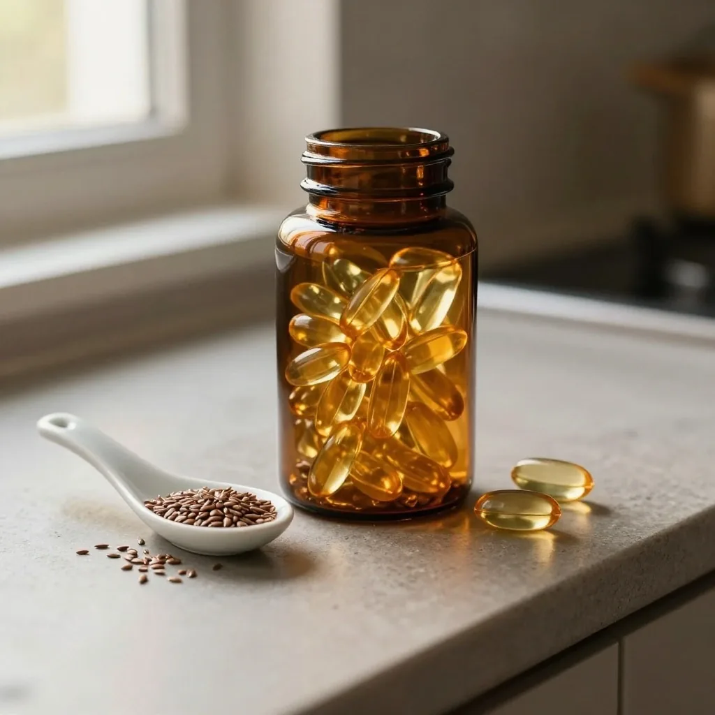 Butelka kapsułek Omega-3 na kuchennym blacie