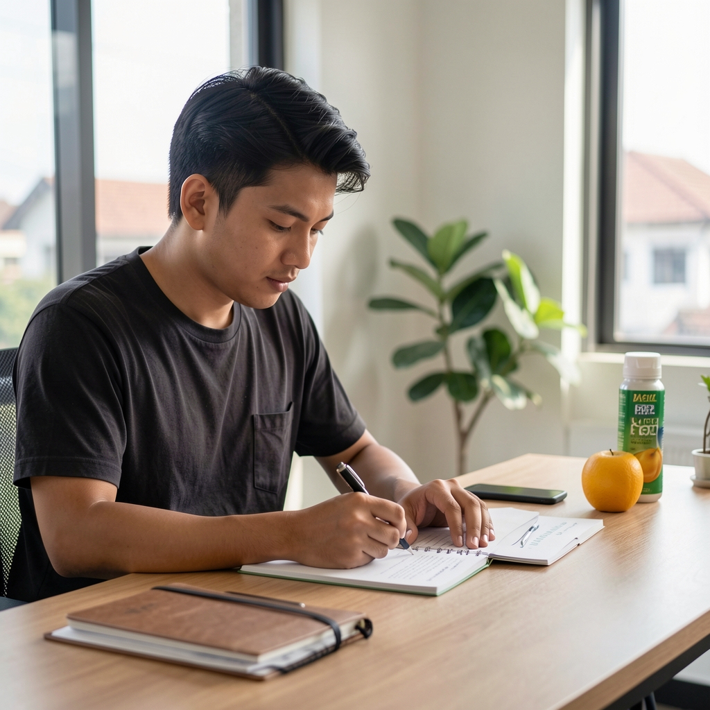 Young male writer at a desk in a Jakarta studio, reviewing notes on active nutrition routines in natural light