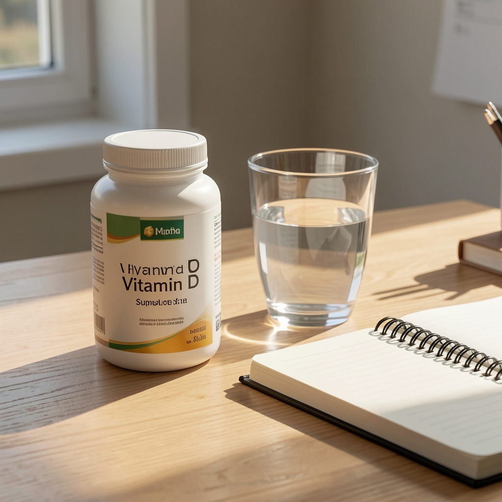 Vitamin D supplement container and a glass of water on a sunlit morning desk with a notebook open beside them