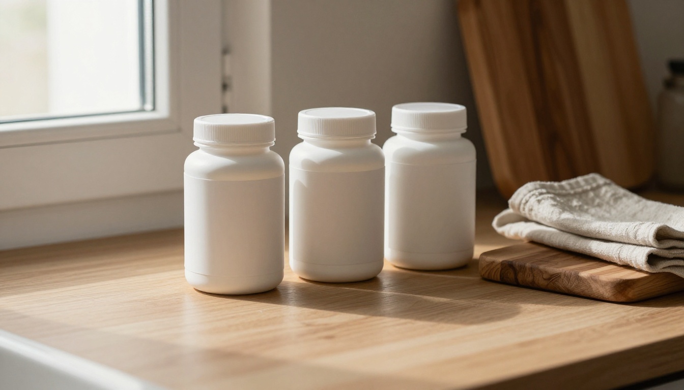 Kitchen shelf at 4pm: supplement jars, a cutting board, a folded towel. Low side light from window-left, matte surfaces catching soft shadow in the ruled well of each plate. Camera at bench height, shallow depth, warm gr